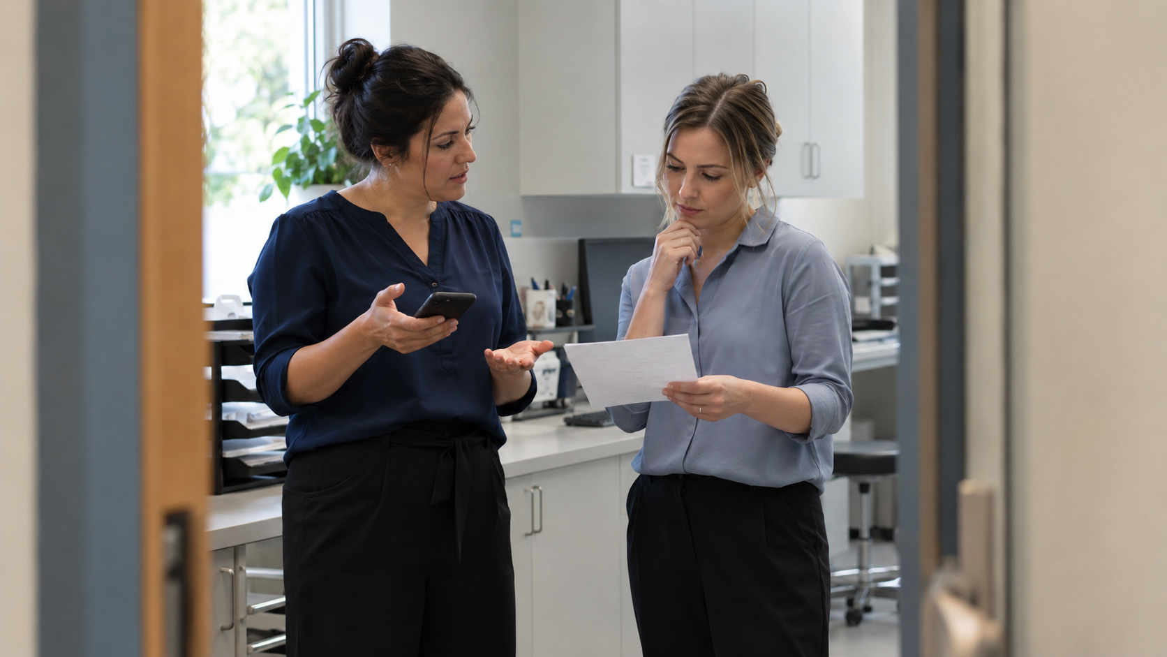 Clinic staff holding separate phone and paper details while trying to handle an enquiry