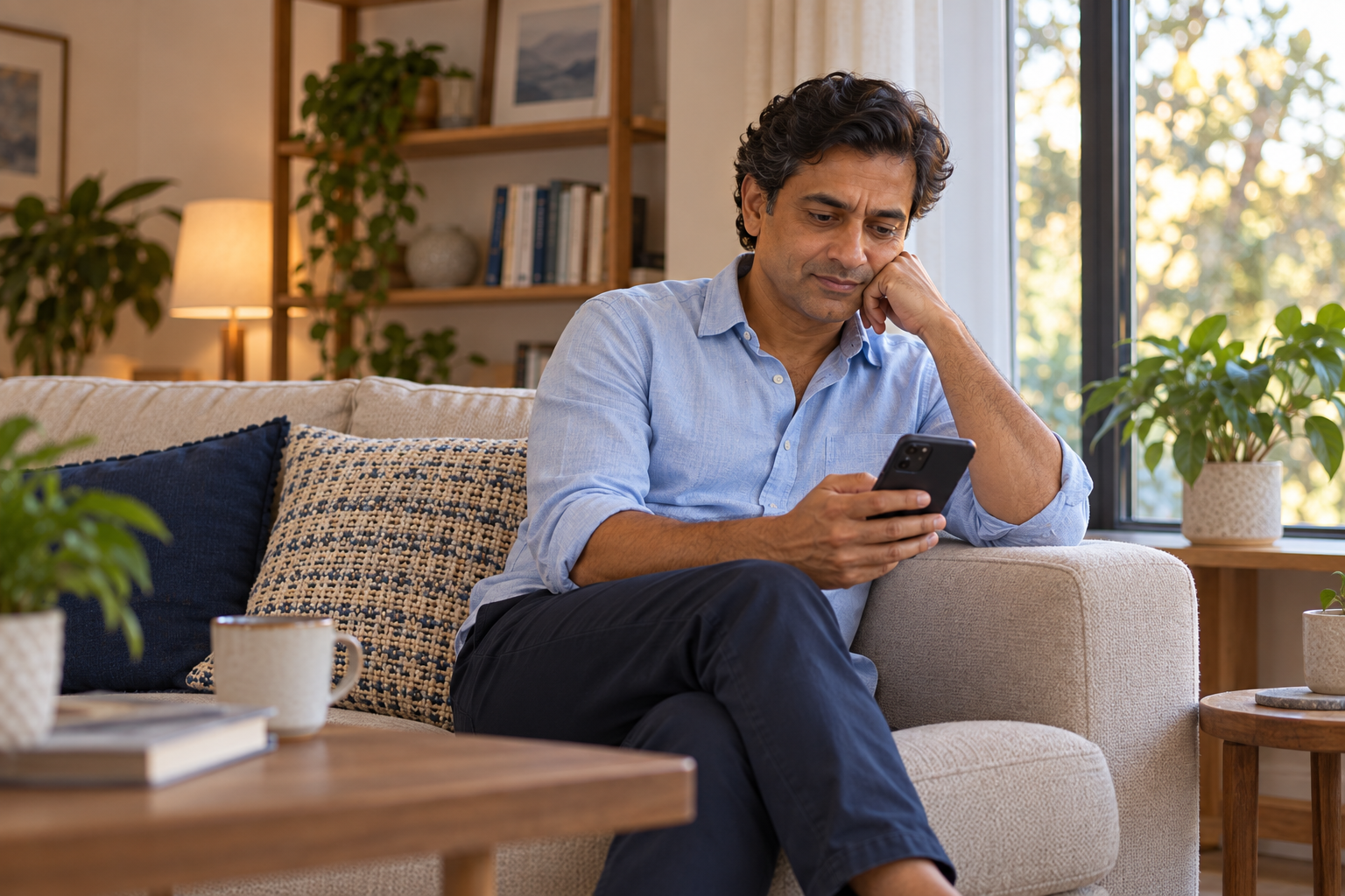 The same person checking his phone later while waiting for a response