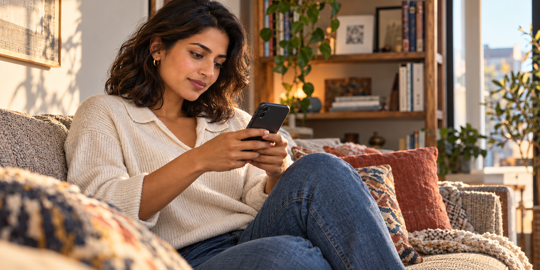 A woman at home sending a consultation enquiry on her phone