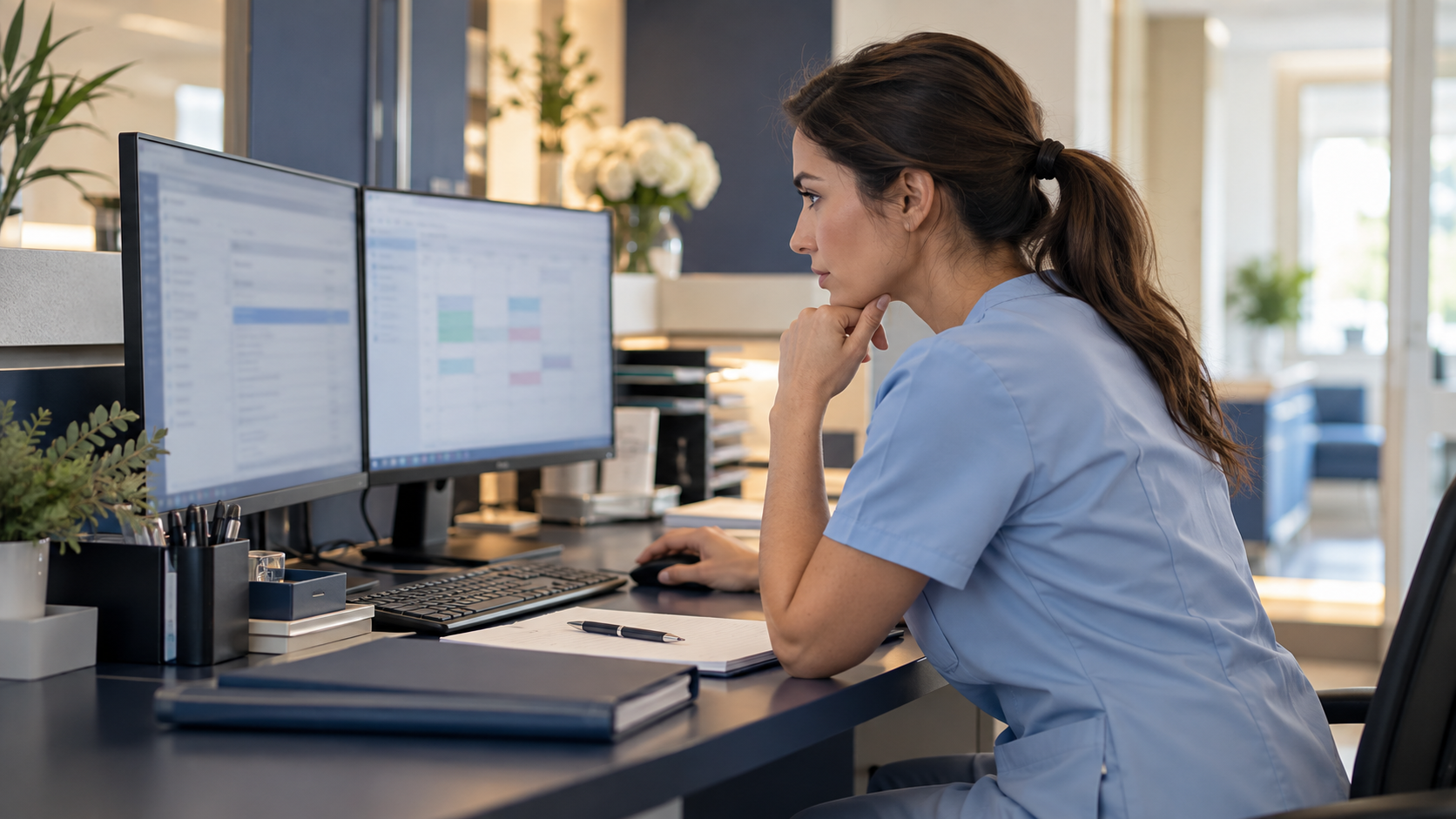 Patient coordinator reviewing an assigned case and appointment availability at a clinic workstation