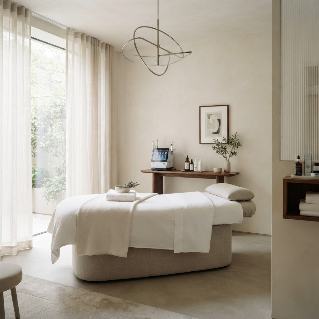 Quiet aesthetic treatment room with skincare equipment and soft natural light