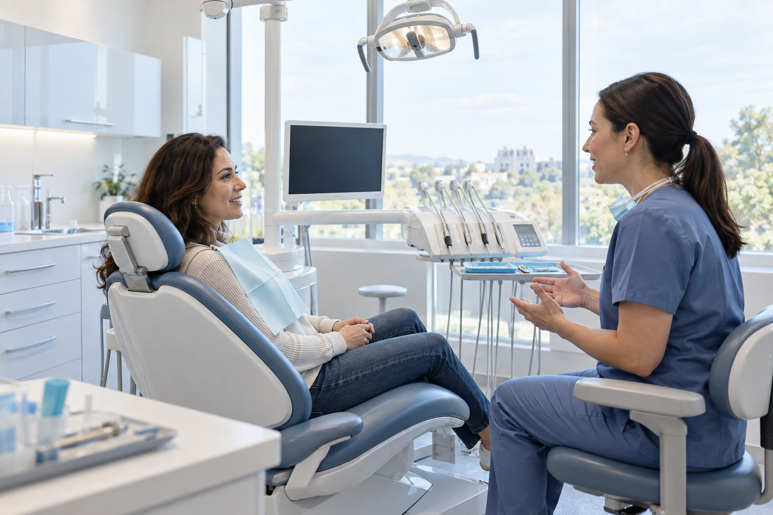 Patient and dental professional discussing an appointment in a bright modern treatment room