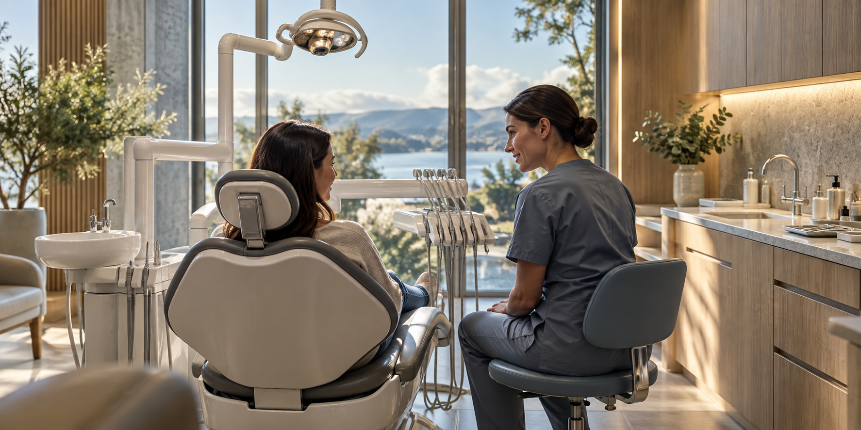 Dental professional speaking with a patient in a modern treatment room